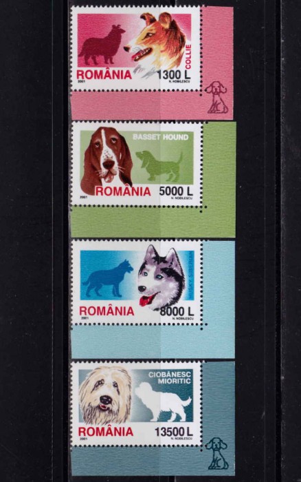 ✅RO 2001 LP 1551 &quot;Rase de caini&quot;,serie colt ( stanga sau dreapta ! ), MNH