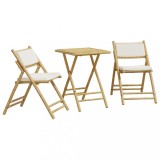 Set de bistro pliabil, 3 piese, cu perne alb crem, bambus