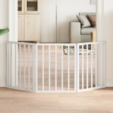 vidaXL Poartă pentru c&acirc;ini pliabilă, 3 panouri, alb, 150 cm, lemn plop