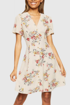 Rochie de primavara - vara pana la genunchi, cu imprimeu floral, maneca scurta si inchidere cu nasturi pana jos, multicolor, S foto