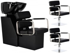 Set Scafă coafor profesională unitate de spălare model Finn + 2 x scaune de coafură hidraulic pivotant pentru picioare și accesorii bol ceramic