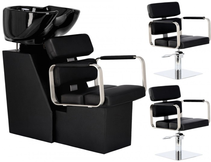 Set Scafă coafor profesională unitate de spălare model Finn + 2 x scaune de coafură hidraulic pivotant pentru picioare și accesorii bol ceramic