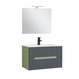 Mobilier baie Leziter Trent 80 cm, 2 sertare, lavoar ceramica, oglinda, verde fistic-gri antracit, suspendat
