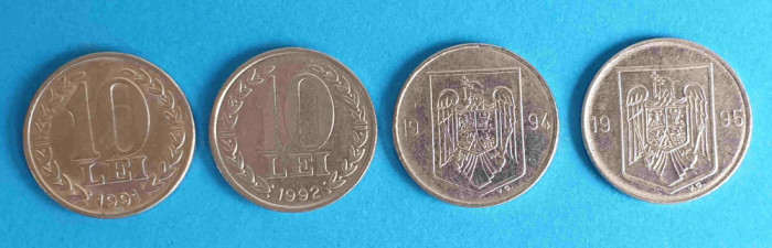 Lot x 4 monede din nikel 10 Lei 1991,1992, 1994 si 1995