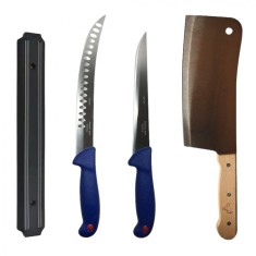 Set profesional de macelarie, filetat transat, degresat, feliat, 2 cutite, satar, suport magnetic