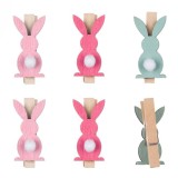 Set 6 carlige din lemn iepurasi in culori pastelate cu pompon,5 cm