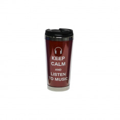 Pahar Cu Capac Inox/Plastic Keep calm and listen to music Rosu foto