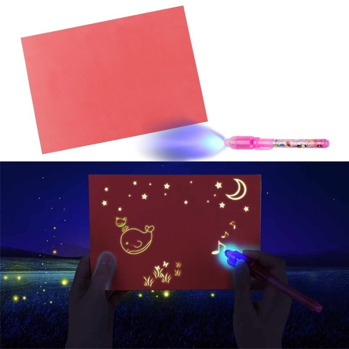 Tablita magica fosforescenta, rescriptibila, lumineaza roz, breloc UV - A4