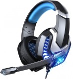 Cumpara ieftin Casti gaming J30 Axeloni&reg;, negre cu leduri albastre, cu mufa jack de 3,5 mm, sunet stereo, reducerea zgomotului de fond, pentru PC Laptop, Mac, PS4, P