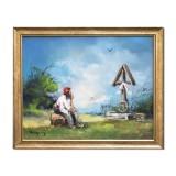 Tablou pictat manual inramat, La troita, 55x45cm ulei pe panza, rama din lemn, Geo Ungureanu