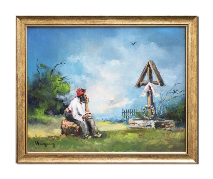 Tablou pictat manual inramat, La troita, 55x45cm ulei pe panza, rama din lemn, Geo Ungureanu