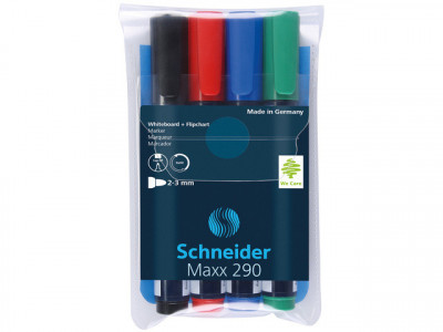 Marker Schneider Maxx 290, Pentru Tabla De Scris+flipchart, Varf Rotund 2-3mm, 4 Cul/set - (n,r,a,v) foto