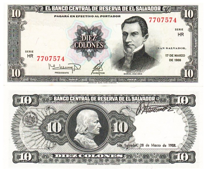 El Salvador 10 Colones 1988 P-135 Manuel Jose Arce aUNC Rara