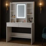 Masa de toaleta cu oglinda, iluminare LED reglabila, 2 sertare, MDF, 90x40x145 cm, alb Household NewTrend