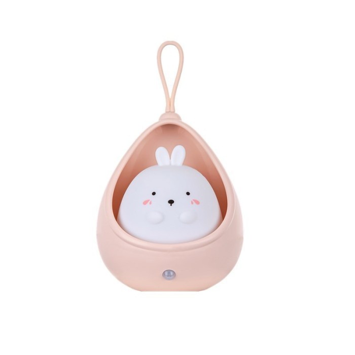 Lampa de veghe portabila cu 2 moduri de functionare flippy, silicon non-toxic, reincarcabila usb, senzor miscare, roz, iepuras
