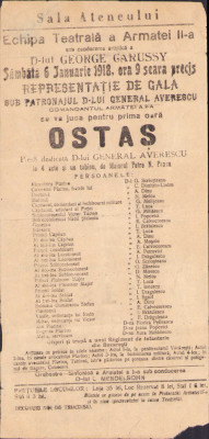 HST 359S Afiș Ateneu Iași ianuarie 1918 piesă teatru general Averescu foto