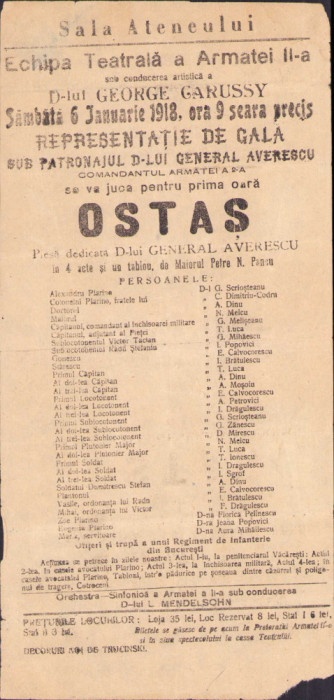 HST 359S Afiș Ateneu Iași ianuarie 1918 piesă teatru general Averescu