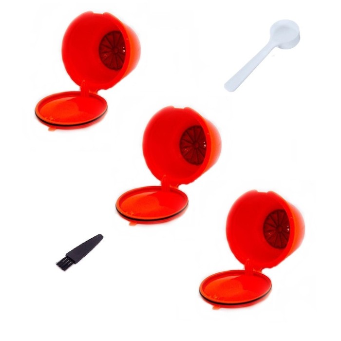 Set 3 Capsule cafea, reutilizabila, reincarcabila, compatibil Dolce Gusto, portocaliu, cu periuta si lingurita