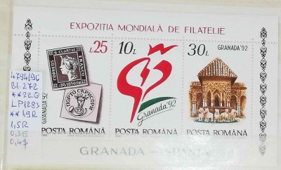 1992 Exp. Mond. de fil. Granada Spania Bl.272 LP1283 MNH Pret 1,4+1 Lei foto
