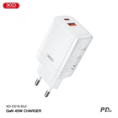 Incarcator Retea XO Design CE16, 45W, 3A, 1 x USB-A - 1 x USB-C, Alb foto