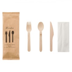 Set Tac&acirc;muri Depoluere, 8 Bucăți, Lemn, Furculiță, Cuțit, Lingură, șervețel, Eco-Friendly