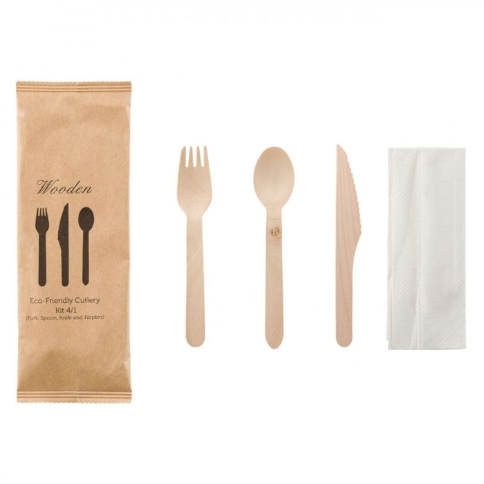 Set Tac&acirc;muri Depoluere, 8 Bucăți, Lemn, Furculiță, Cuțit, Lingură, șervețel, Eco-Friendly