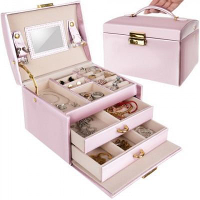 Cutie de bijuterii, 3 sertare, Model Cufar, Roz foto