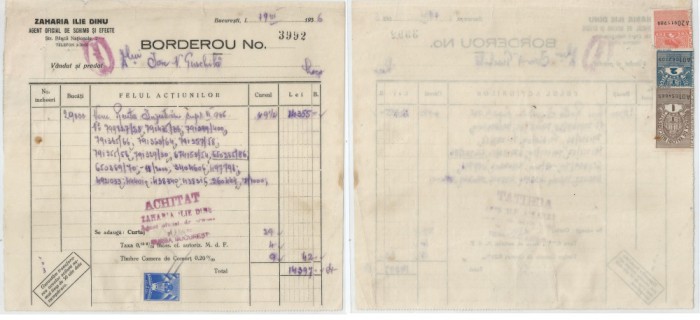 Romania, Zaharia Ilie Dinu, Borderou, Bucuresti, 1936