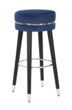 Scaun de bar tapitat cu stofa si picioare din lemn Paris Velvet Albastru / Negru / Argintiu, &Oslash;35xH74 cm