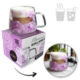 Cana 180 ml din sticla borosilicata, pereti dubli, model flori hortensie roz, in cutie cadou, JollyMag, SZK172