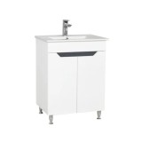 Baza si lavoar ceramic GN0561, mobilier baie stativ 60 cm, front MDF, 2 usi, 2 rafturi, picioare cromate reglabile, alb/antracit