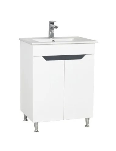 Baza si lavoar ceramic GN0561, mobilier baie stativ 60 cm, front MDF, 2 usi, 2 rafturi, picioare cromate reglabile, alb/antracit