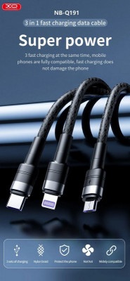 Cablu pentru incarcare 40W Quick Charge si transfer date 3 in 1: Micro USB, Type C si Lighting (compatibil Iphone) Cod: XO-Q191 Automotive TrustedCars foto