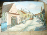 Pictura 1944 ulei pe carton - Localitate in Ardeal - semnat Modrany (?) 72x44cm, Scene gen, Altul
