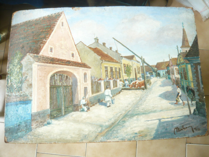 Pictura 1944 ulei pe carton - Localitate in Ardeal - semnat Modrany (?) 72x44cm