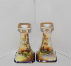 Antichitate: Sfeșnice porțelan japonez pictate manual, cca. 1910-1920 - marcaj Noritake Morimura, Japan