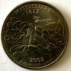 AMERICA QUARTER 1/4 DOLLAR 2002 LITERA P.(„Statul Magnolia” - MISSISSIPPI),BU