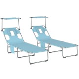 Outsunny Set de 2 Șezlonguri Pliabile Reclinabile cu Copertină 360&deg;, Orificiu Facial, Buzunar Lateral și Textilene 550 g/m&sup2;, Albastru | Aosom Romania