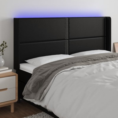 vidaXL Tăblie de pat cu LED, negru, 163x16x118/128 cm, piele ecologică 3124004 foto