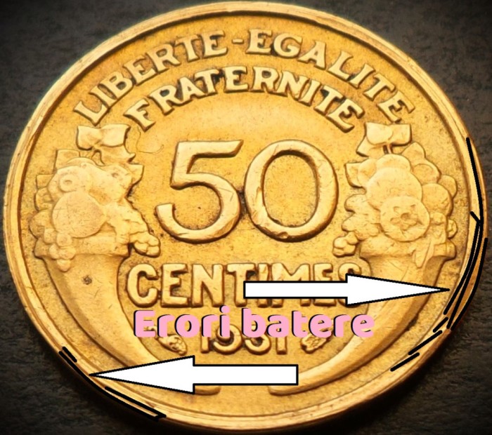 Moneda istorica 50 CENTIMES - FRANTA, anul 1931 *cod 4905 = eroare batere!