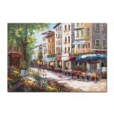 Tablou peisaj citadin pictat manual , Pe strada florilor, 100x70cm ulei pe panza, Valentin Pop