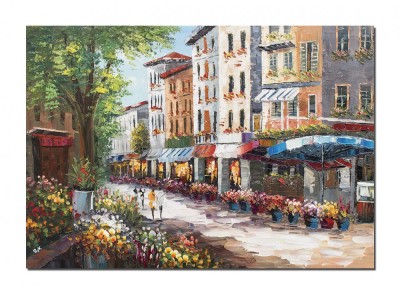Tablou peisaj citadin pictat manual , Pe strada florilor, 100x70cm ulei pe panza, Valentin Pop foto
