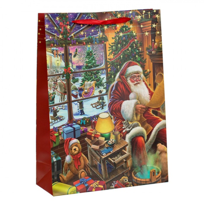 Sacosa Cadou, Model Mos Craciun in Casa, Glitter Holografic, Hartie, Multicolor, 30x12x42cm