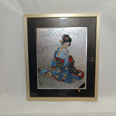 Tablou gravura japoneza pe foita argint, decor, vintage