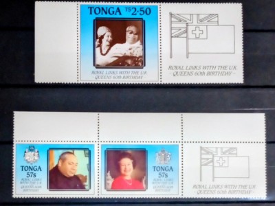 Tonga 1986 Regina Elisabeta II a și regele Taufa&amp;#039;ahau Tupou IV serie 3v + vigneta neștampilat foto