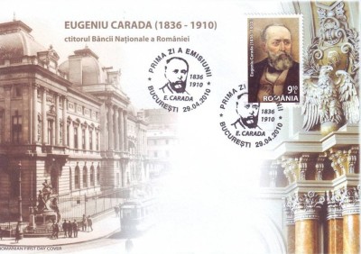 2010 Romania, FDC Eugeniu Carada ctitorul BNR LP 1861, prima zi timbru colita foto