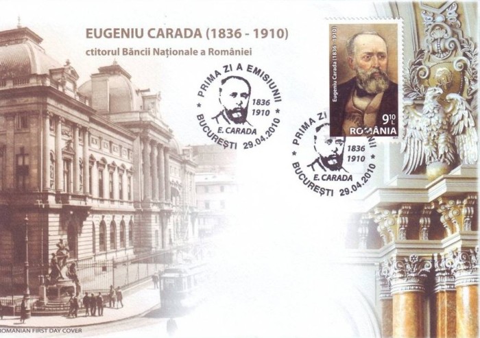 2010 Romania, FDC Eugeniu Carada ctitorul BNR LP 1861, prima zi timbru colita