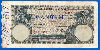 (67) BANCNOTA ROMANIA - 100.000 LEI 1946 (20 DECEMBRIE 1946), FILIGRAN ORIZONTAL foto