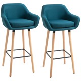 HOMCOM Taburete de Bar Design scandinav - Set de 2 Taburete de Bar Grand Confort cu Suport pentru Picioare și Cotiere - Lemn masiv L&acirc;nă albastră | Aos