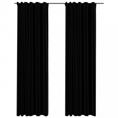 Perdele opace aspect pânză, cârlige, 2 buc., negru, 140x225 cm